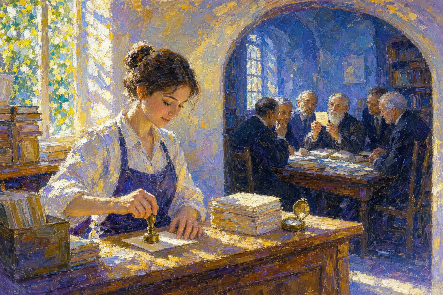 An archivist at a sunlit counter stamping a reference card in one quick motion, while behind her six scholars deliberate over a single card at a long table piled with books