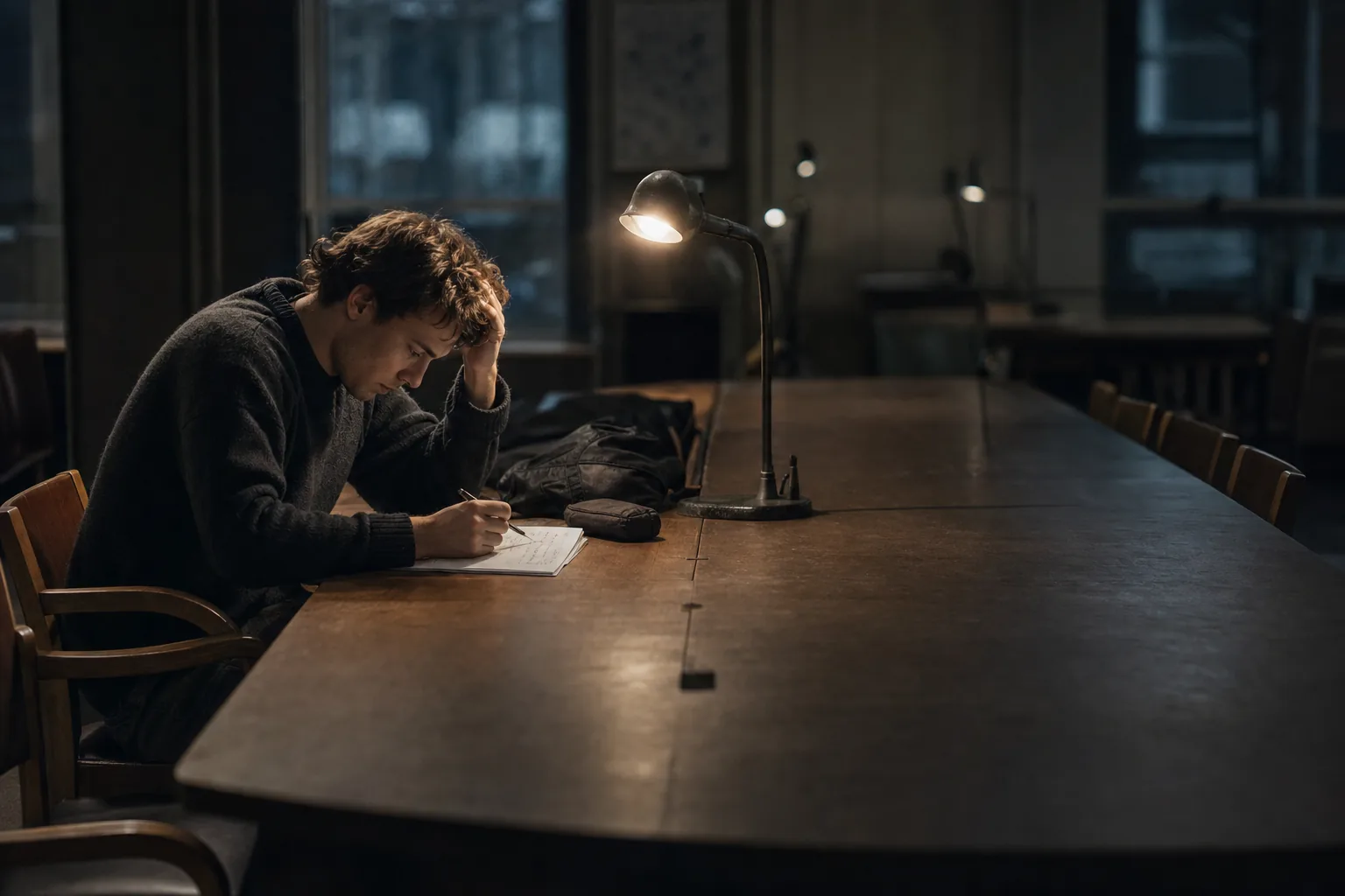 A student working alone late at a long study-room table under a single desk lamp