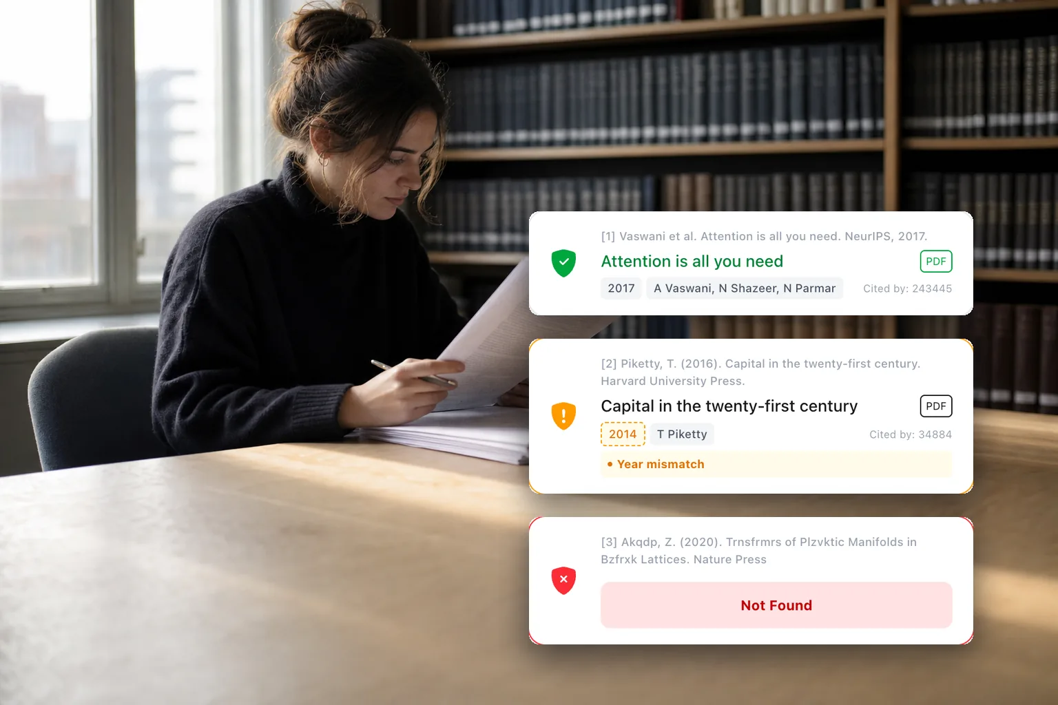 A researcher reading a printed manuscript at a library desk, beside a CiteTrue results panel with two verified references and one marked Not Found
