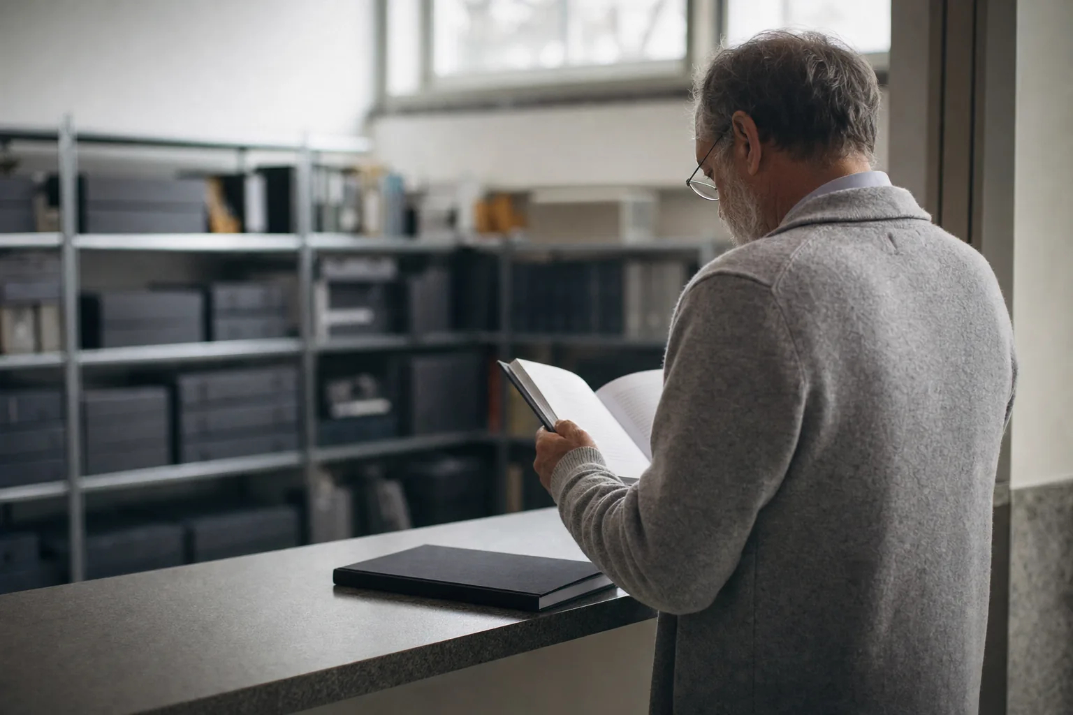 An academic at a departmental counter checking the reference pages at the back of a bound thesis