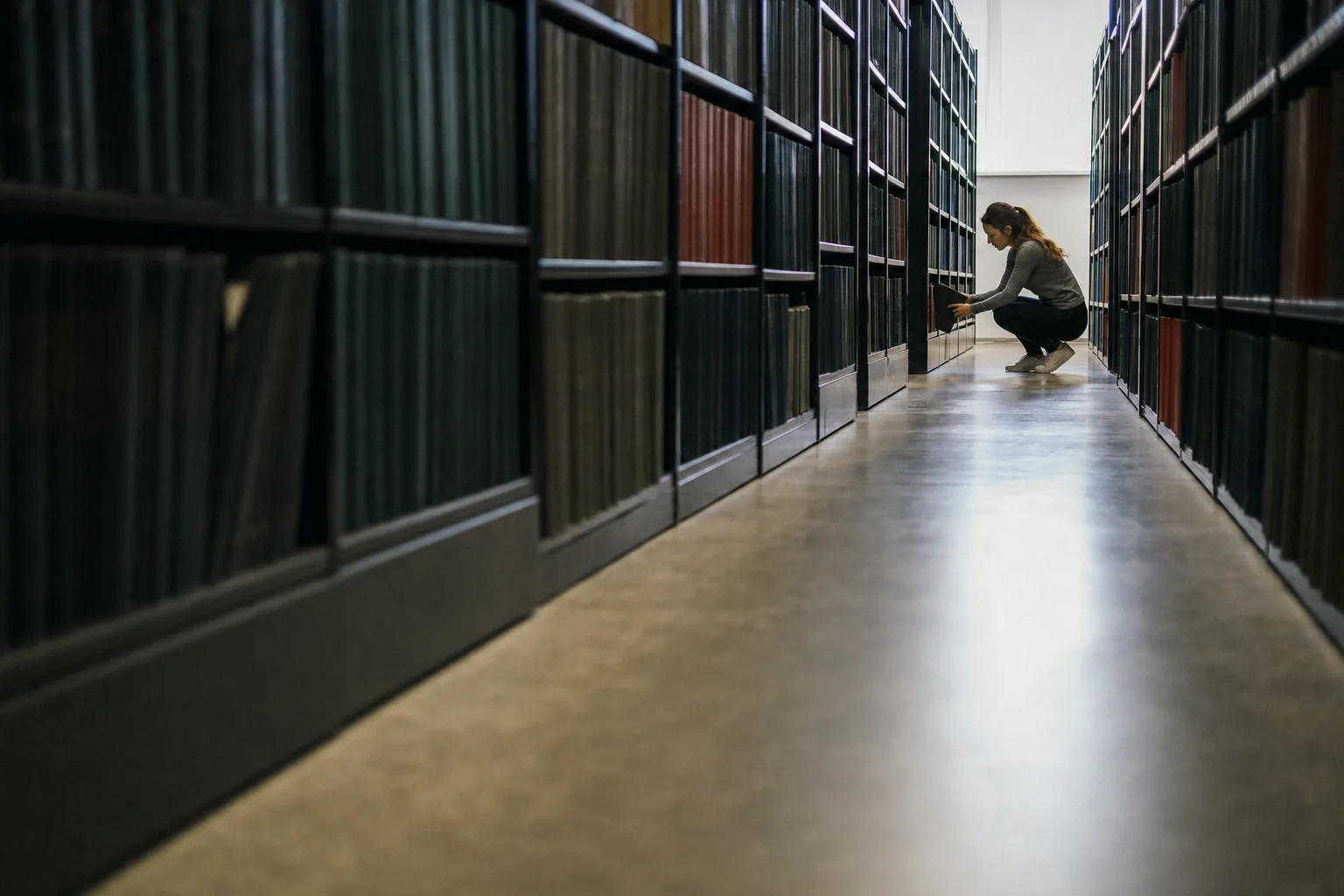 A reader crouched at the far end of a library aisle, pulling a bound volume from a low shelf