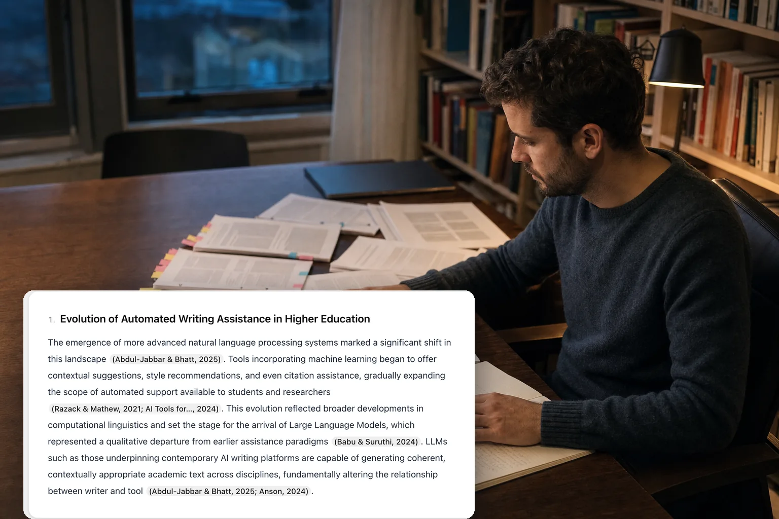 A researcher at a lamplit desk covered with tabbed printed articles, beside a CiteTrue editor panel showing a drafted section whose citation chips link to real sources