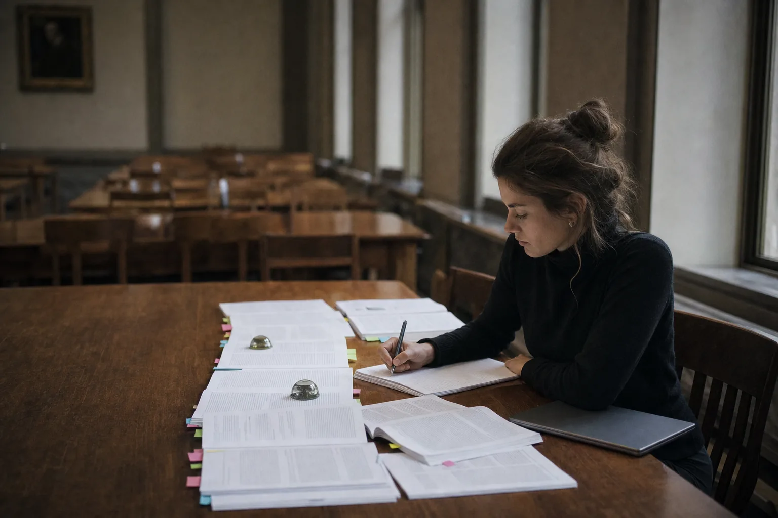 A doctoral student writing in a notebook at a long reading-room table, surrounded by tabbed printed journal articles held open with paperweights